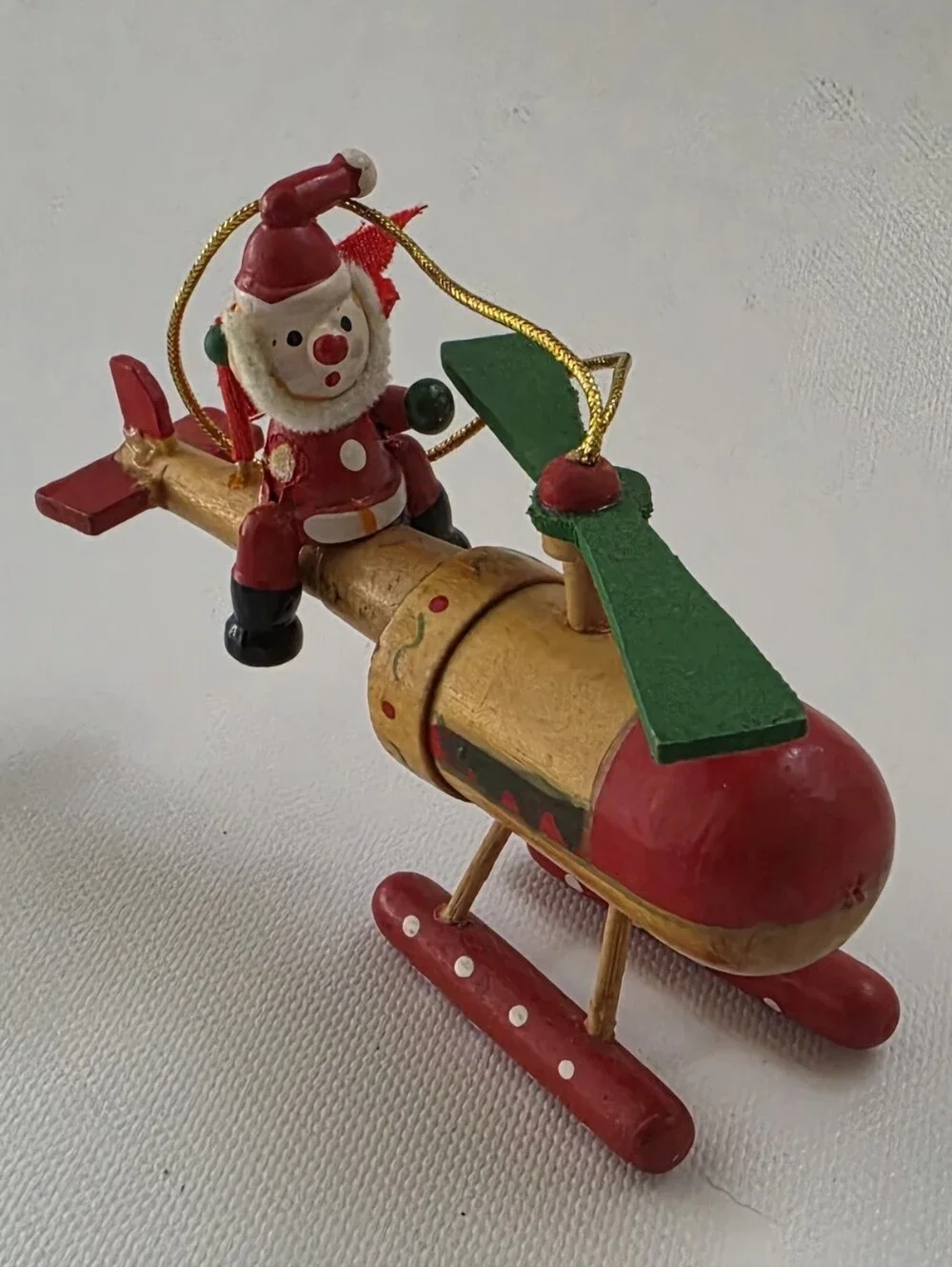Santa Helicopter Wooden Christmas Ornament Whimsical Holiday Decor
